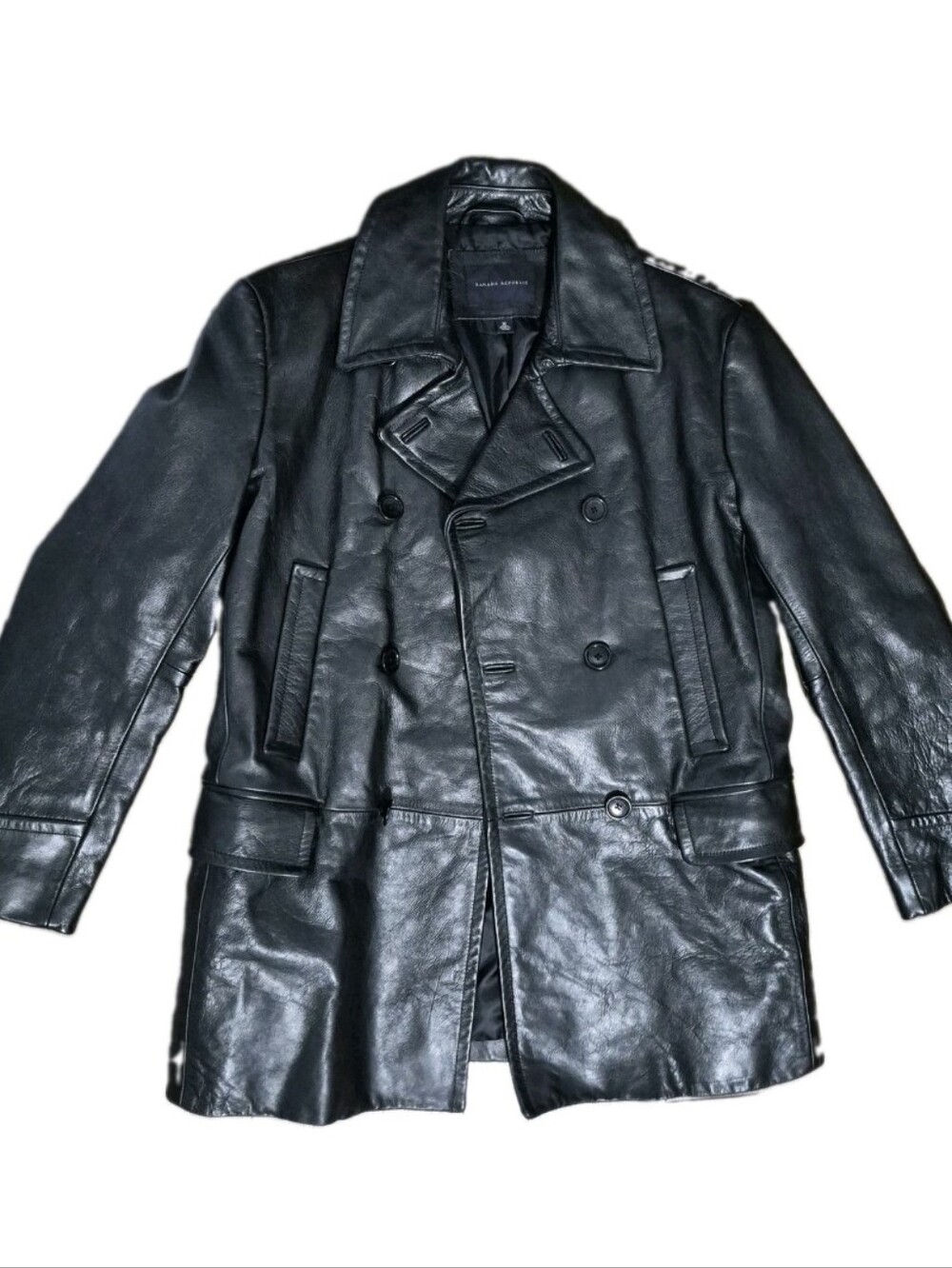 Banana Republic Men's Double-Breasted Leather Pea Coat in Black Size M. - Picture 3 of 11